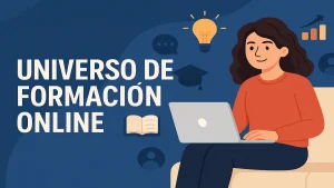 Nombre Universo de Formación Online junto a ilustración de mujer estudiando con portátil para cursos de educación digital