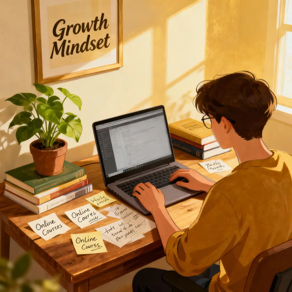 Persona trabajando en laptop rodeado de libros y apuntes sobre cursos online, ambiente de aprendizaje, cartel de 'Growth Mindset', formación y desarrollo personal.